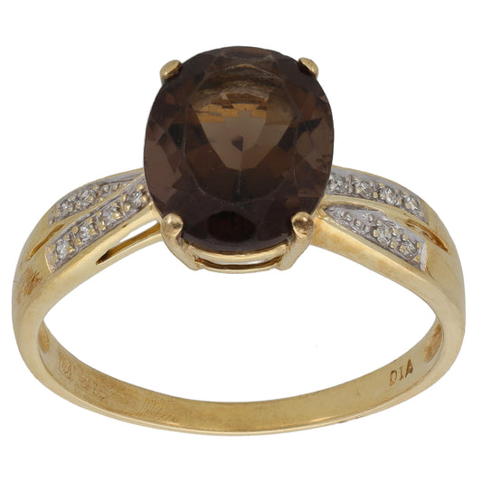 9ct Gold 0.06ct Diamond & Smoky Quartz Dress/Cocktail Ring Size T