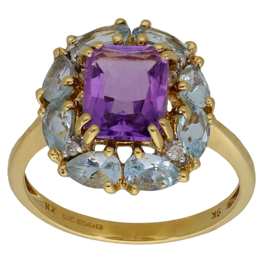 9ct Gold Amethyst & Aquamarine Dress/Cocktail Ring Size Q