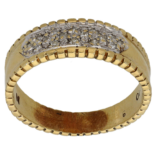 9ct gold diamond dress ring with textured band and pavé center