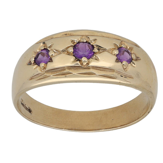 9ct Gold Amethyst Three Stone Ring Size S