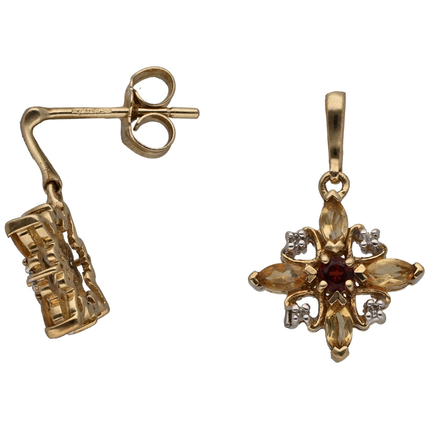 9ct Gold Garnet & 0.04ct Diamond Drop Earrings