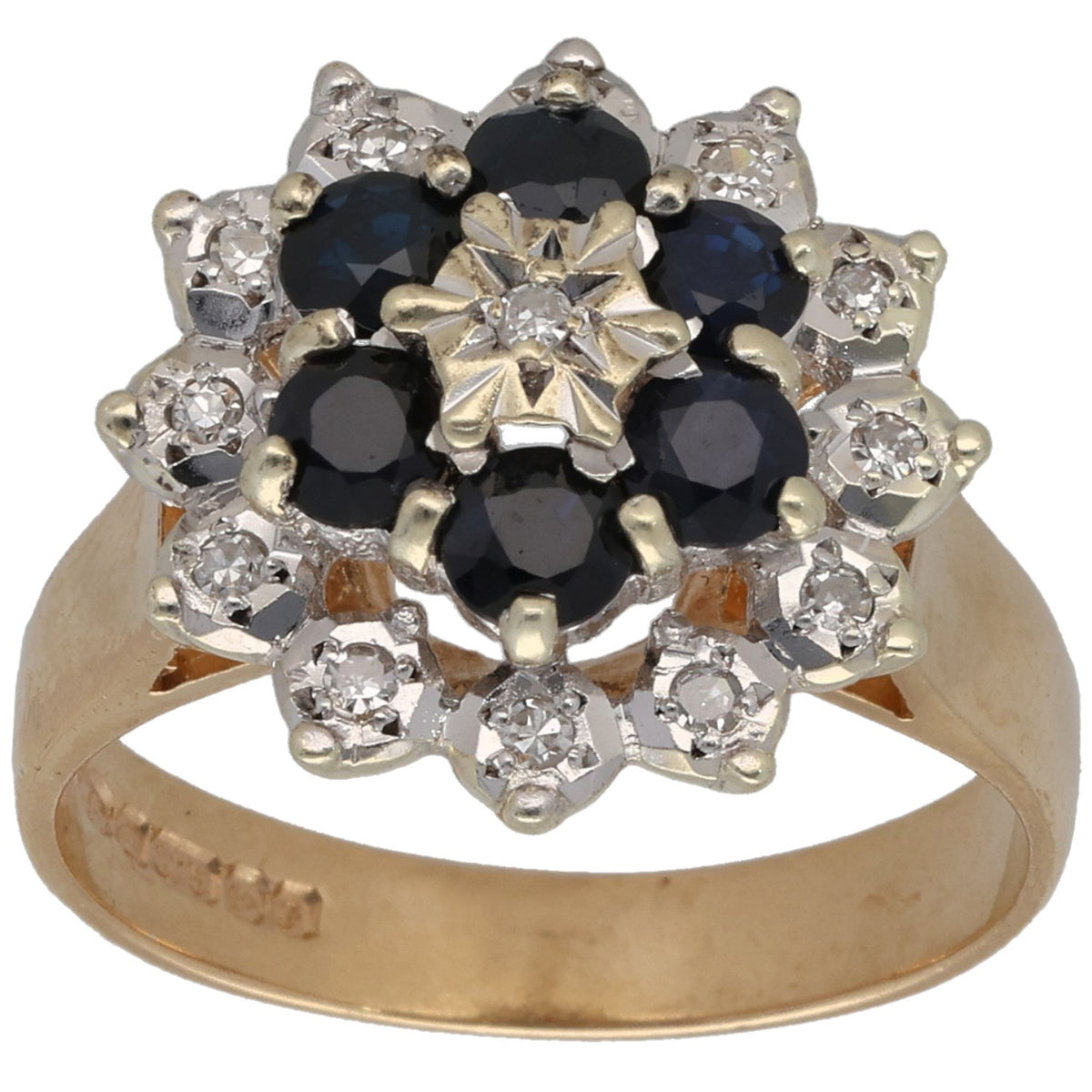 9ct gold ring: round dark sapphire center with diamond halo clusters