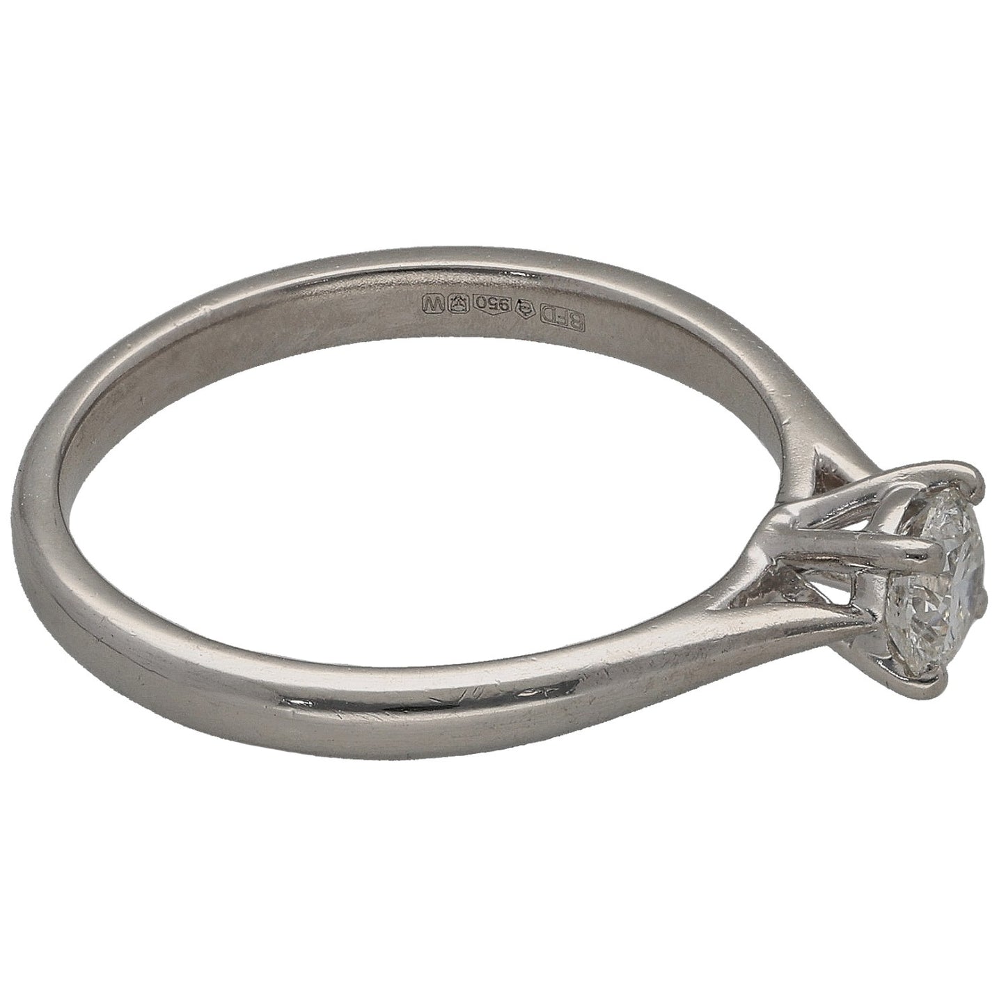 Platinum white gold ring with round diamond solitaire, side prongs and band engraving
