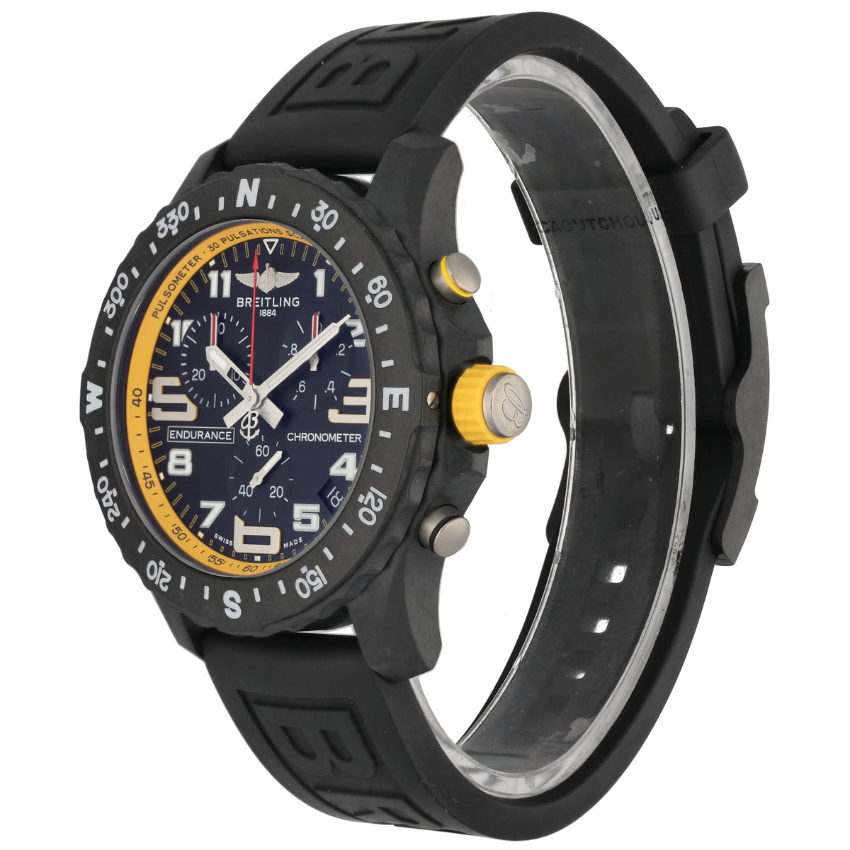 Breitling Endurance Pro X82310 watch side view with black bezel and orange accents, rubber strap
