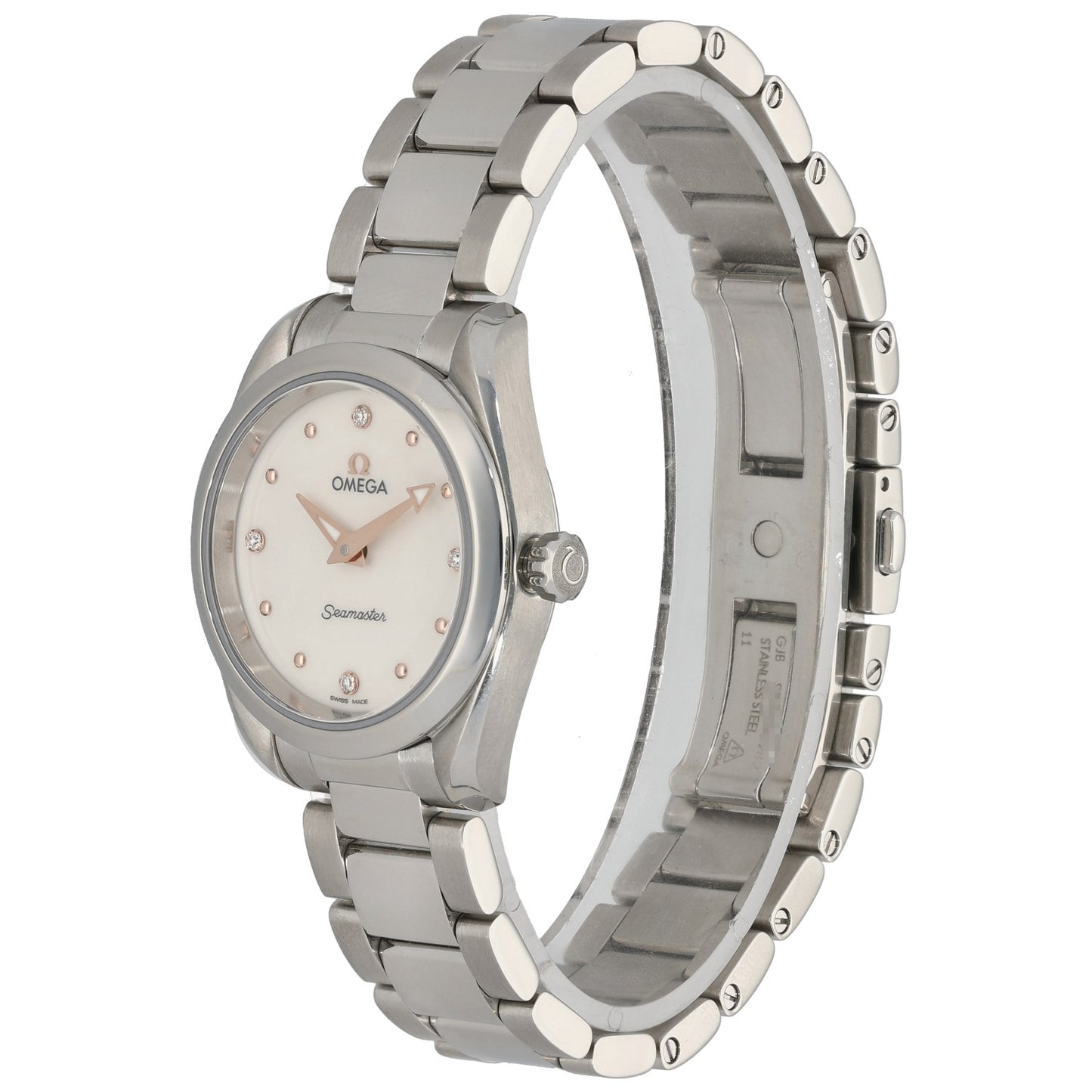 Stainless steel Omega Seamaster 220.10.28.60.54.001 watch side profile with crown, link bracelet, champagne dial