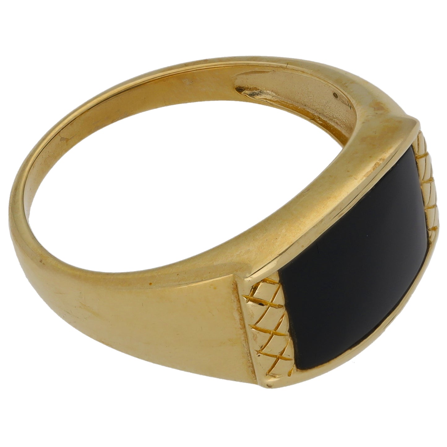 9ct Gold Onyx Patterned Single Stone Signet Ring Size R