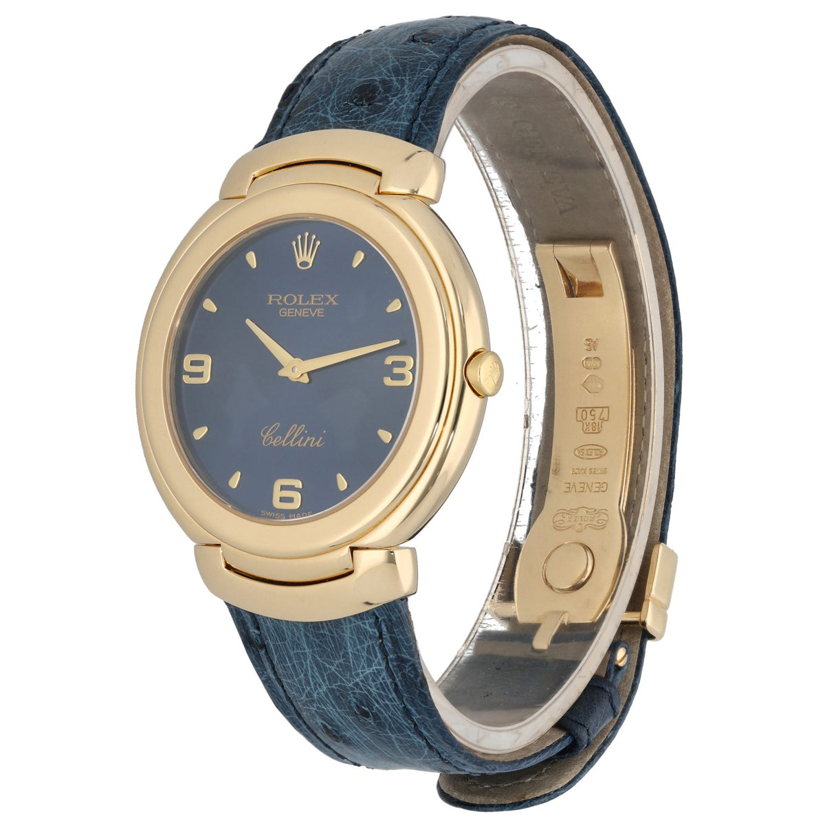 Rolex Cellini 6623 37mm, blue dial in gold case, and blue leather bracelet, front angled image