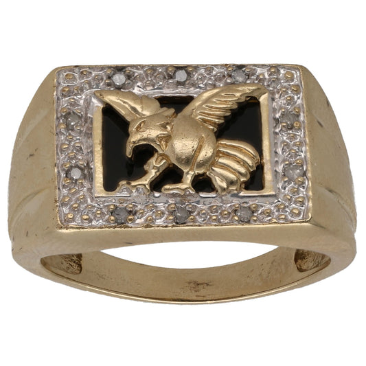 9ct Gold Onyx & 0.10ct Diamond Eagle Ring Size R