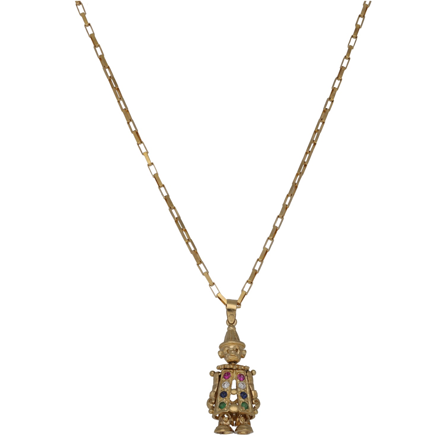 9ct gold clown character pendant necklace with multicolor gemstone accents