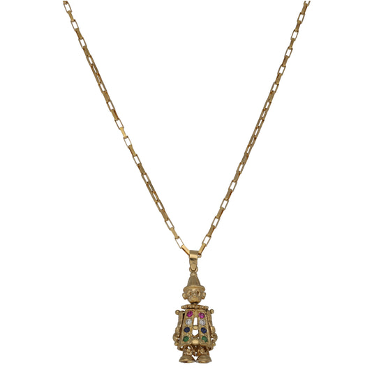 9ct gold clown character pendant necklace with multicolor gemstone accents