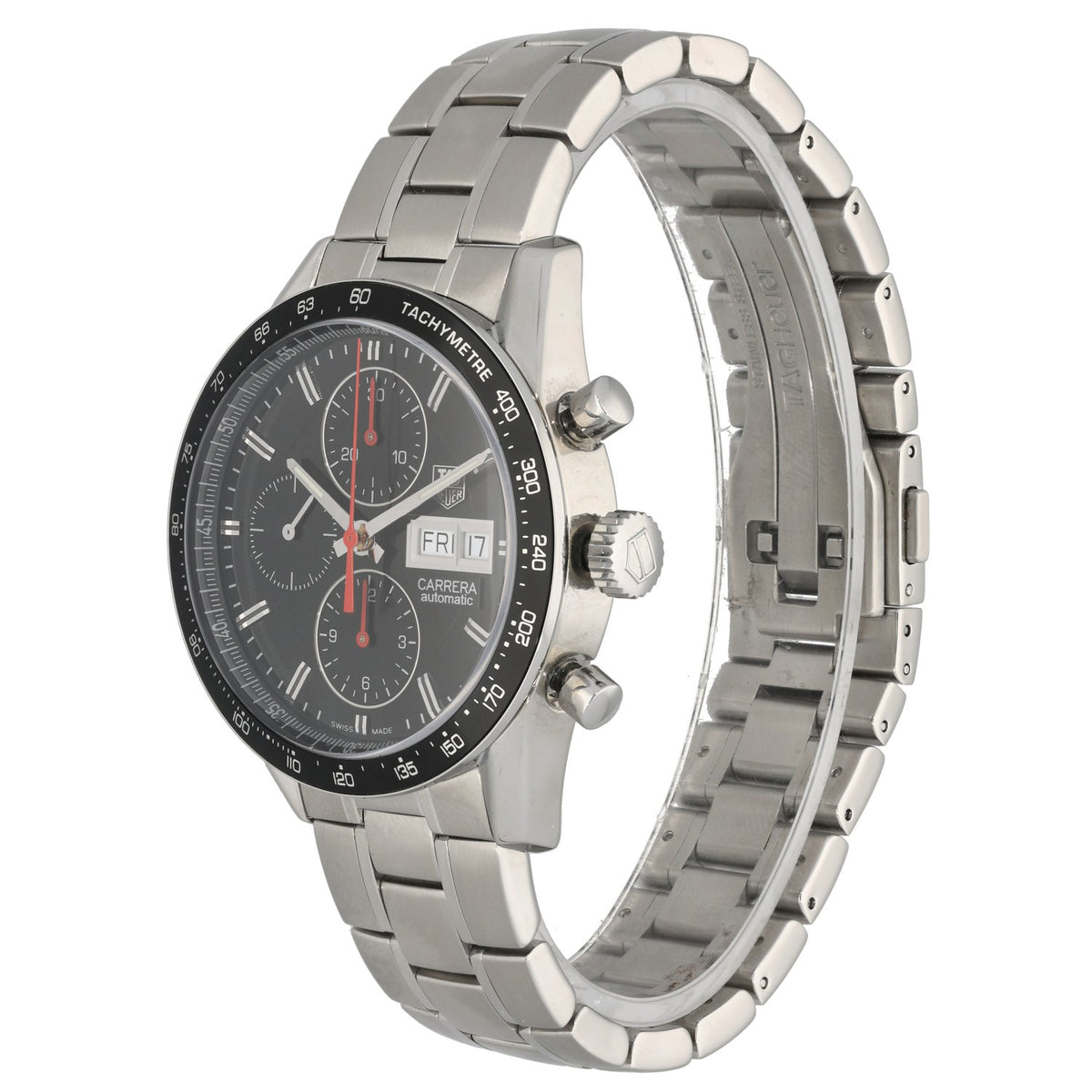 Tag Heuer Carrera CV201AH , black dial with sub dials, with a tachymetre bezel, front angled image