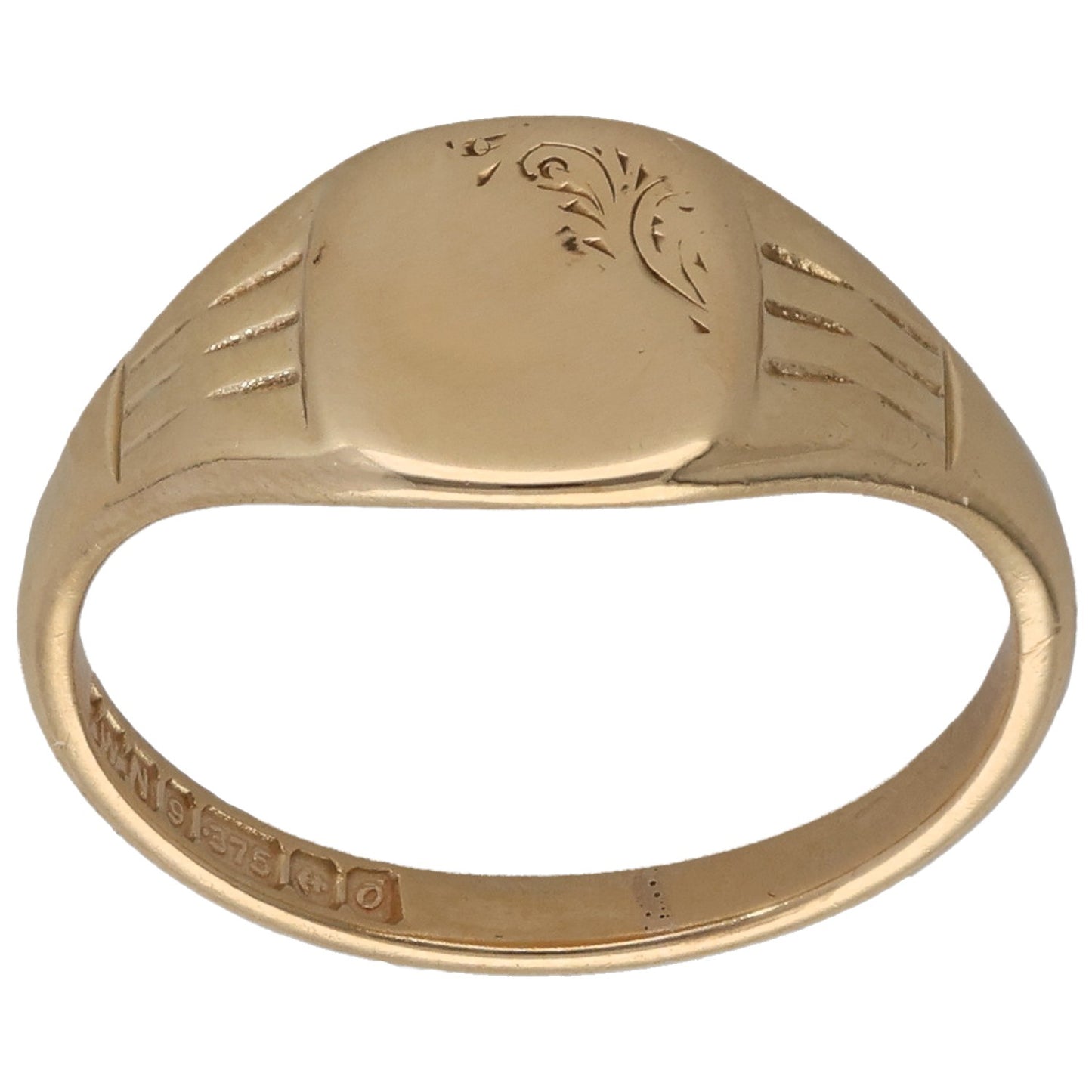 9ct gold signet ring with engraved geometric pattern on oval face