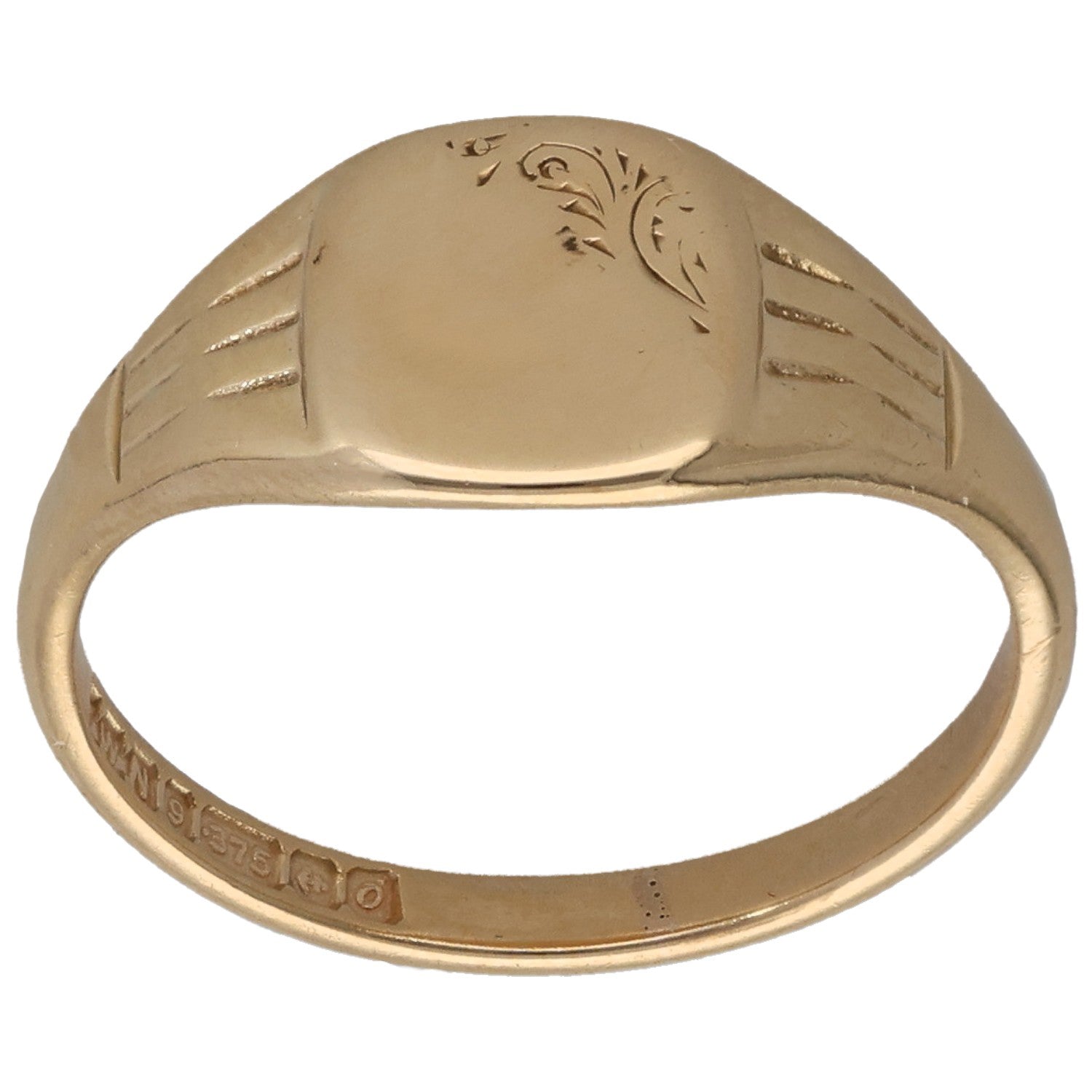 9ct gold signet ring with engraved geometric pattern on oval face