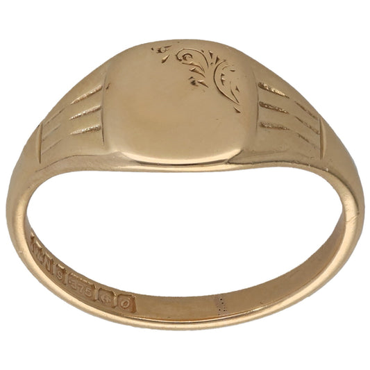 9ct gold signet ring with engraved geometric pattern on oval face