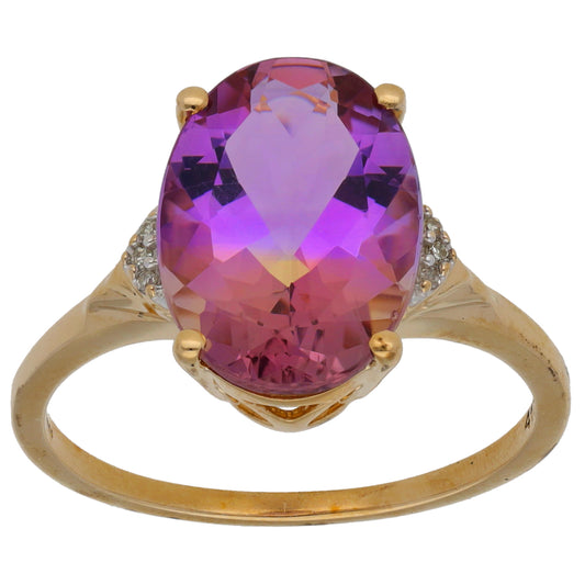 9ct Gold Ametrine & 0.03ct Diamond Single Stone Ring with Accent Stones Size S