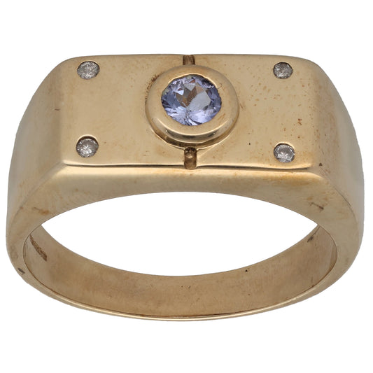 9ct Gold Tanzanite & 0.02ct Diamond Plain Signet Ring Size T