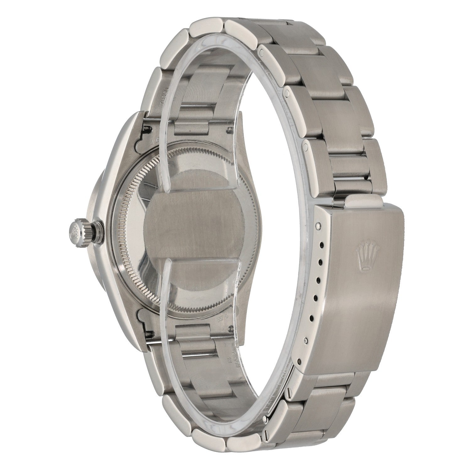 Rolex Air King 14010M, with white dial and Roman Numeral hour markers, in stainless steel case, rear angle
