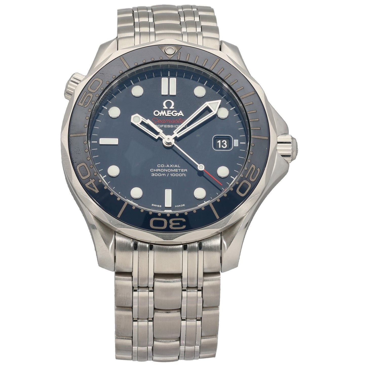 Omega Seamaster 212.30.41.20.03.001 Stainless steel diver watch with blue dial, rotating bezel, and metal bracelet, 41mm