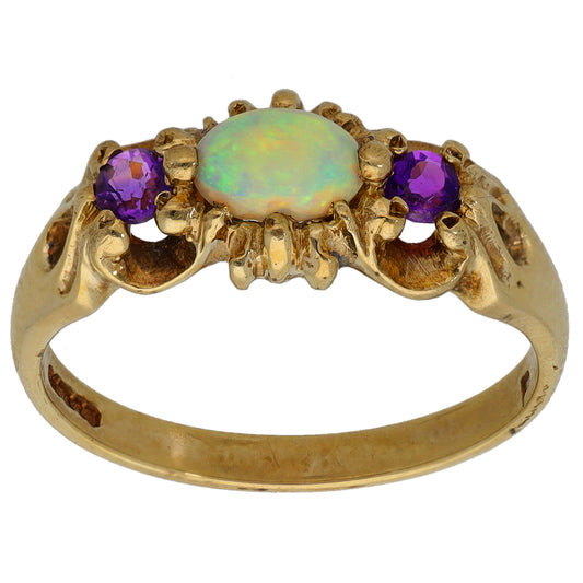 9ct Gold Opal & Amethyst Trilogy Ring Size N