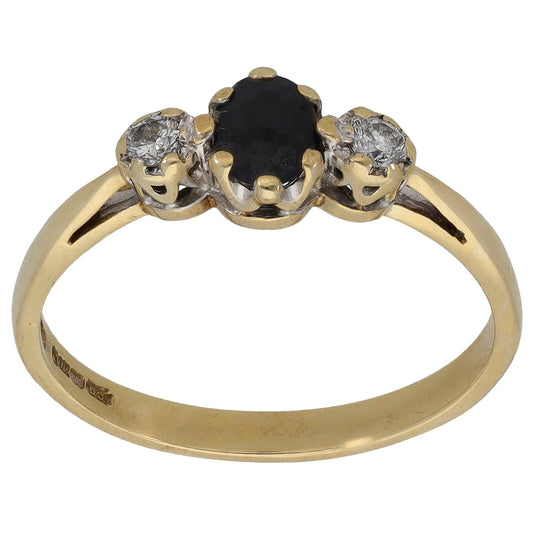 9ct Gold Sapphire & 0.08ct Diamond Trilogy Ring Size O