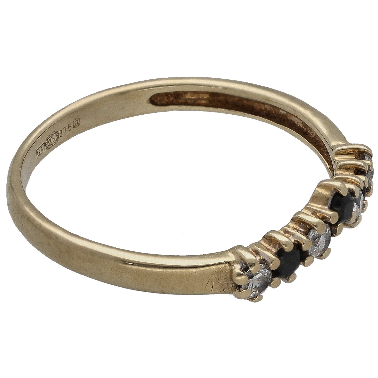 9ct gold ring side view with black and clear stones on wishbone setting