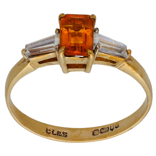 9ct Gold Citrine & Cubic Zirconia Single Stone Ring With Accents Size O