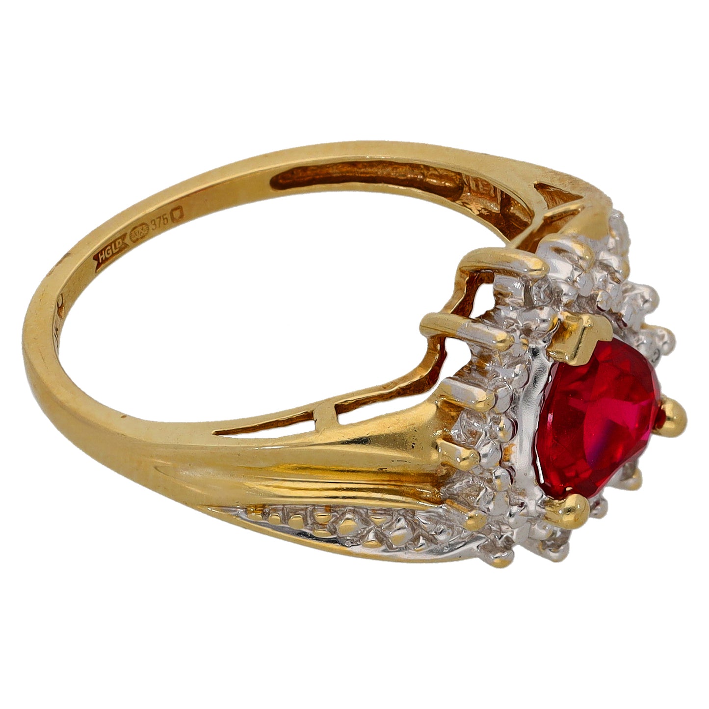9ct Gold Man Made Ruby & 0.015ct Diamond Dress/Cocktail Ring Size L