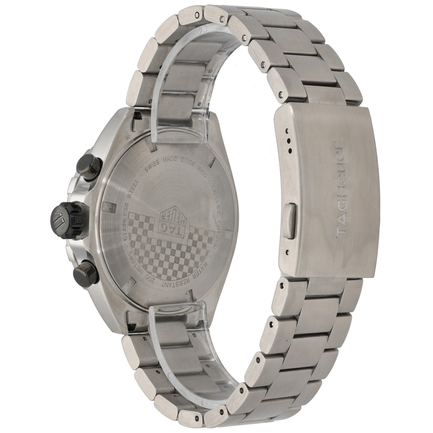 Tag Heuer F1 CAZ101AH Stainless steel watch case back with engraved markings and metal bracelet links.