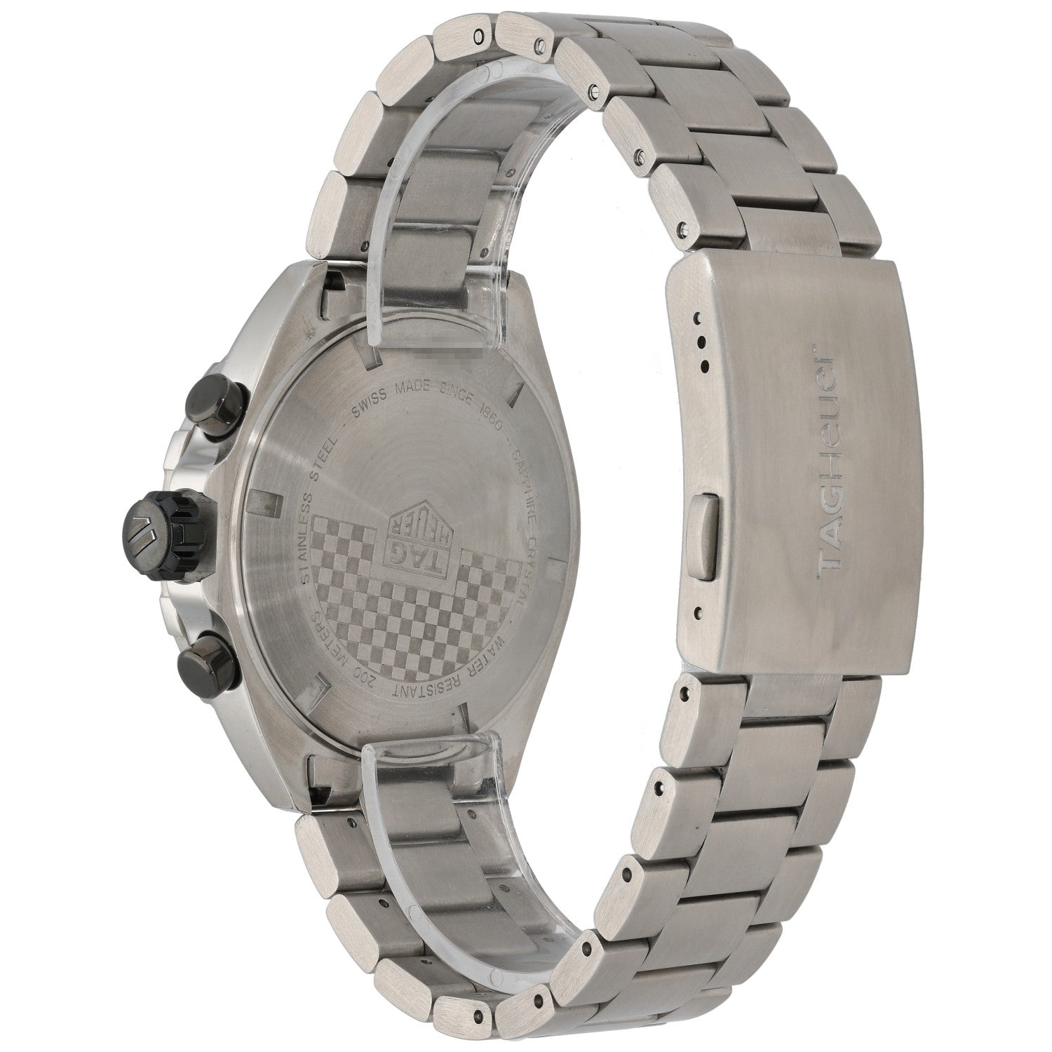 Tag Heuer F1 CAZ101AH Stainless steel watch case back with engraved markings and metal bracelet links.