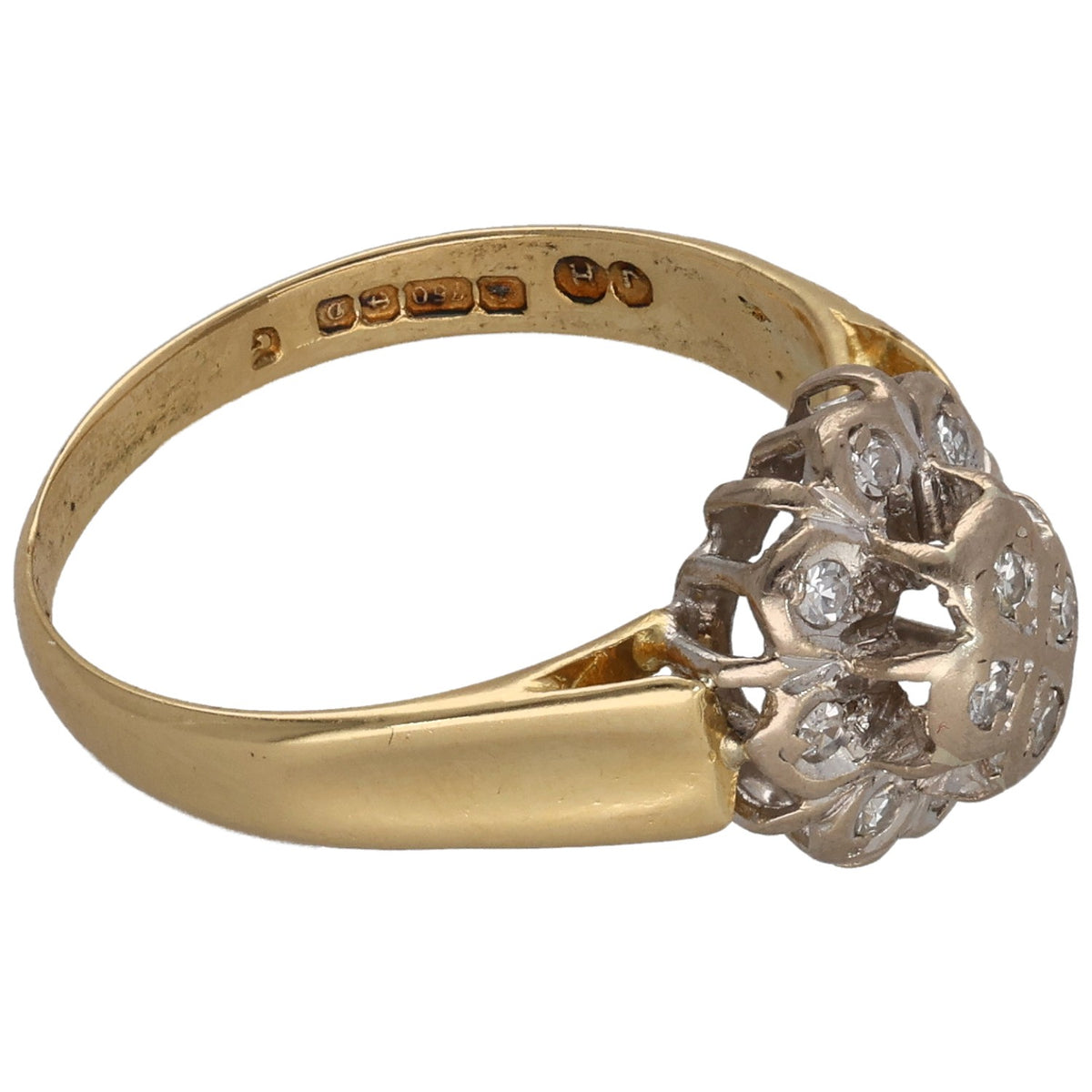 18ct yellow gold ring with side round diamond cluster and prongs