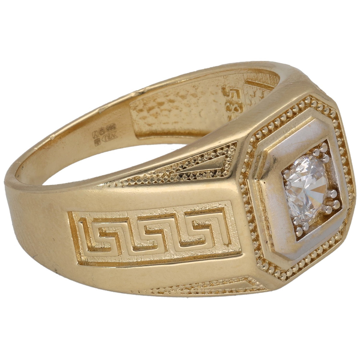 Gold signet ring showing inner hallmark stamp and square clear CZ with border