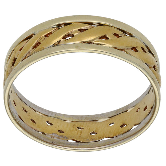 9ct Bi-Colour Gold Patterned Wedding Ring Size Q