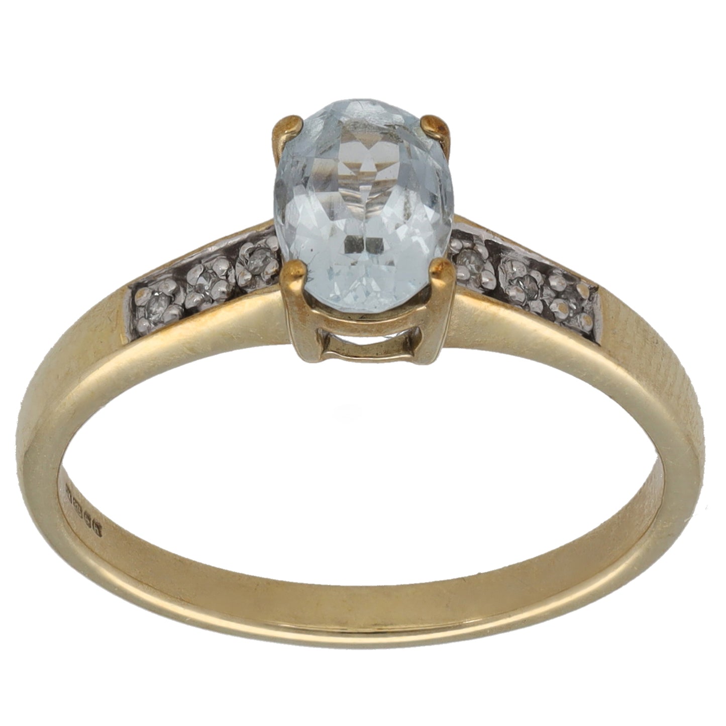 9ct Gold Aquamarine & 0.03ct Diamond Single Stone Ring With Accents Size N