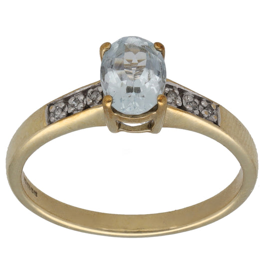 9ct Gold Aquamarine & 0.03ct Diamond Single Stone Ring With Accents Size N