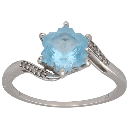 9ct White Gold Topaz & 0.06ct Diamond Single Stone Ring With Accents Size P