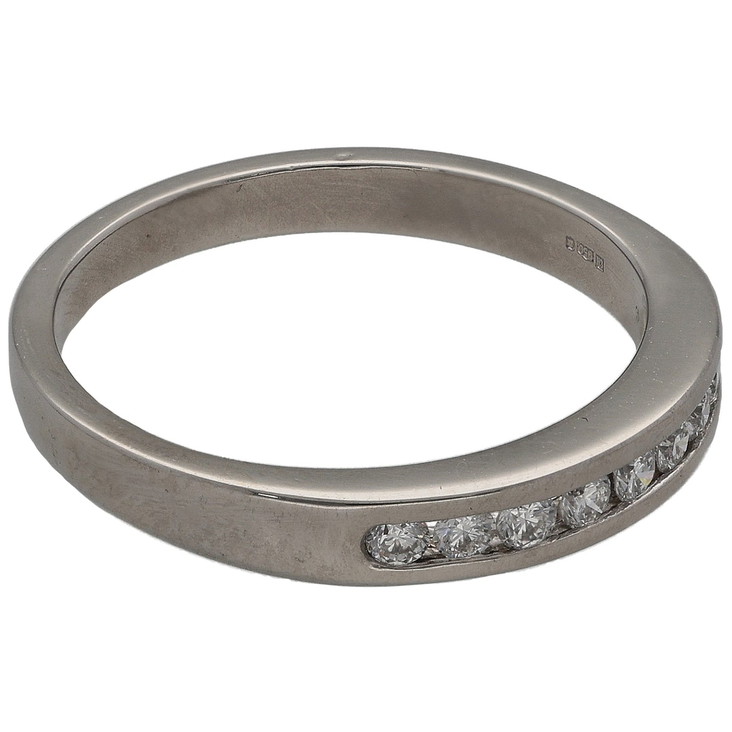 Platinum half eternity diamond ring with round stones on the side, size N
