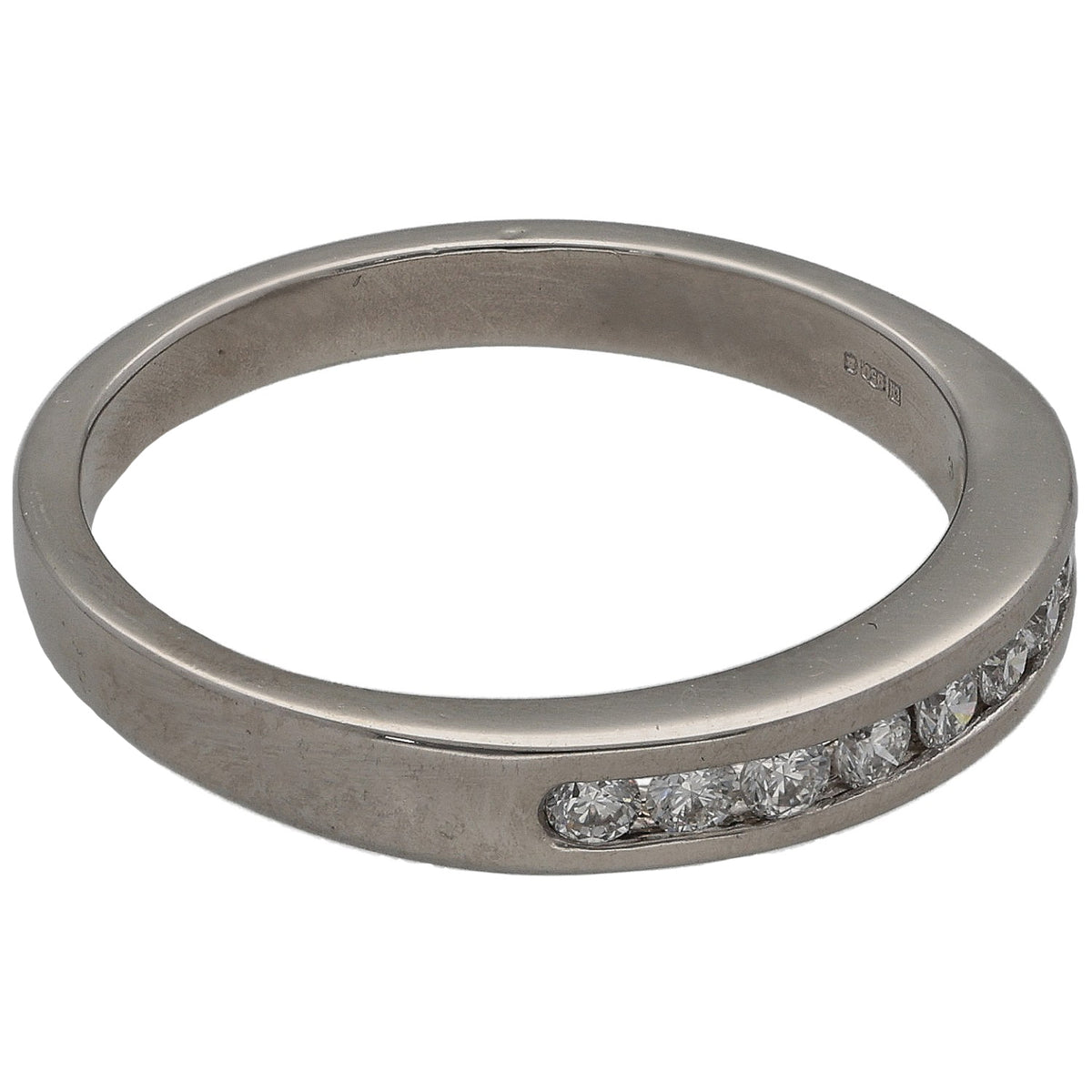 Platinum half eternity diamond ring with round stones on the side, size N