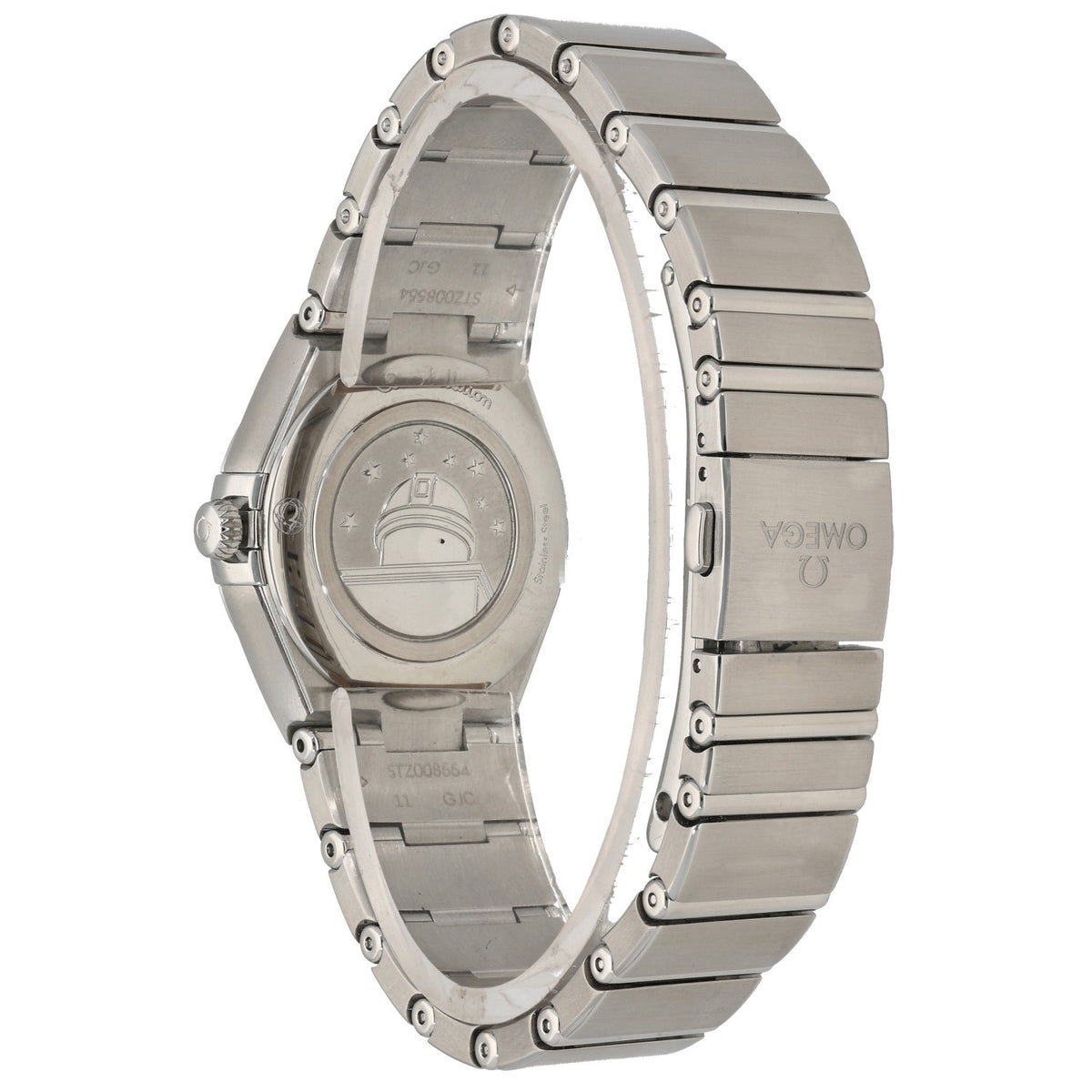 Omega Constellation 131.10.28.60.11.001,  28mm stainless steel case and bracelet, rear image