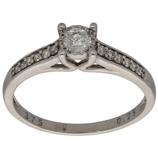9ct White Gold 0.25ct Diamond Solitaire Ring With Accent Stones Size M