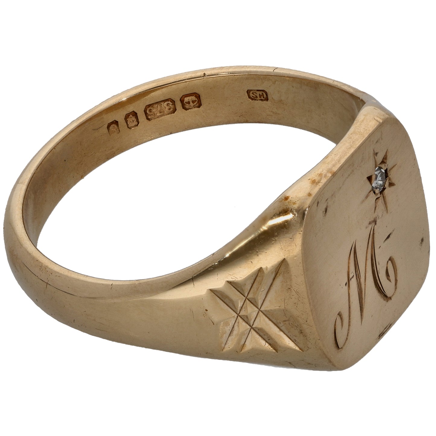 9ct Gold 0.01ct Diamond Patterned Signet Ring Size W