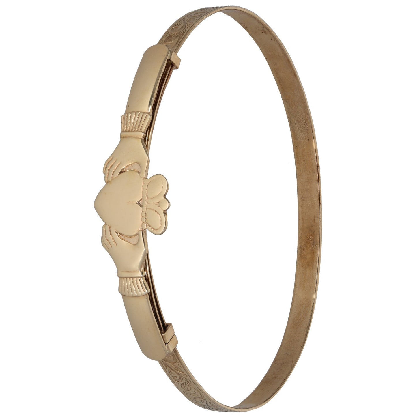 9ct gold expanding bangle with small clover charm and engraved double links