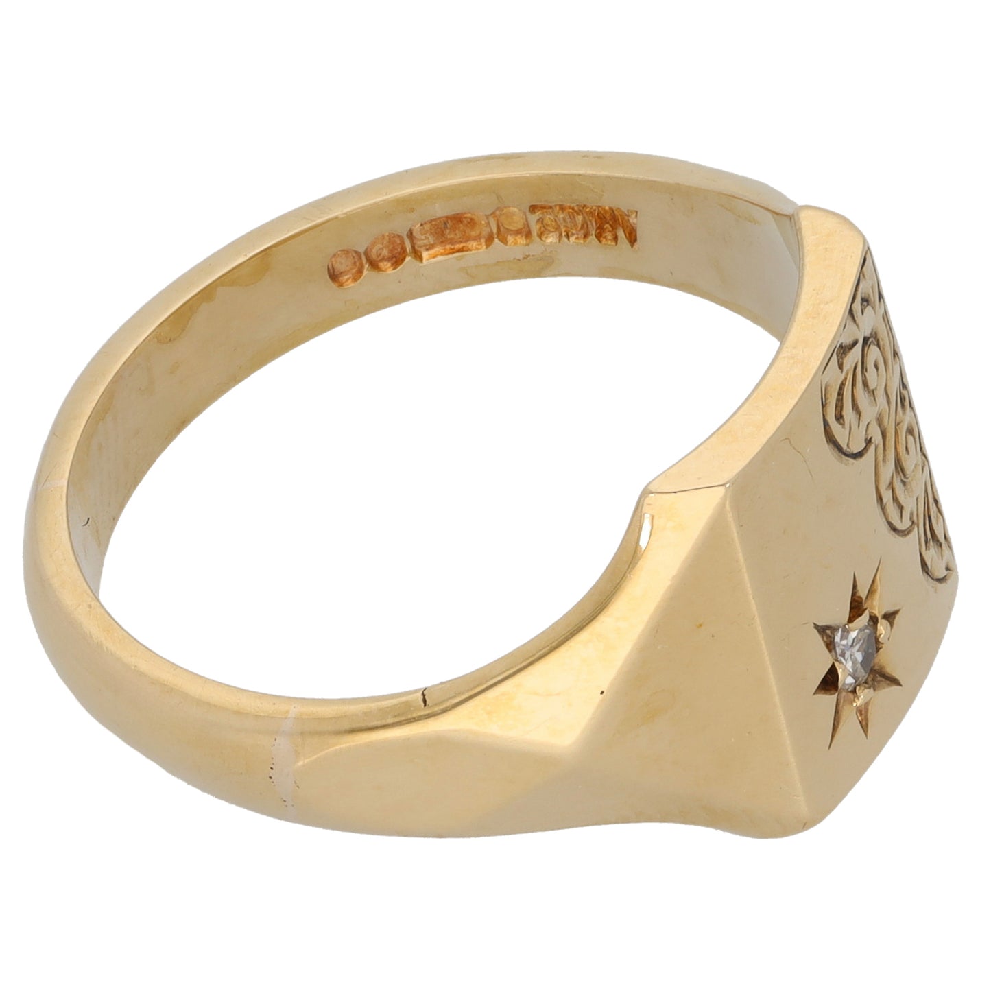 9ct Gold 0.04ct Diamond Patterned Single Stone Signet Ring Size U