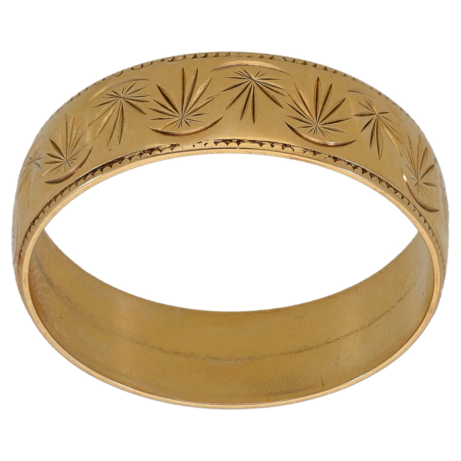9ct gold patterned wedding ring with engraved starburst leaves