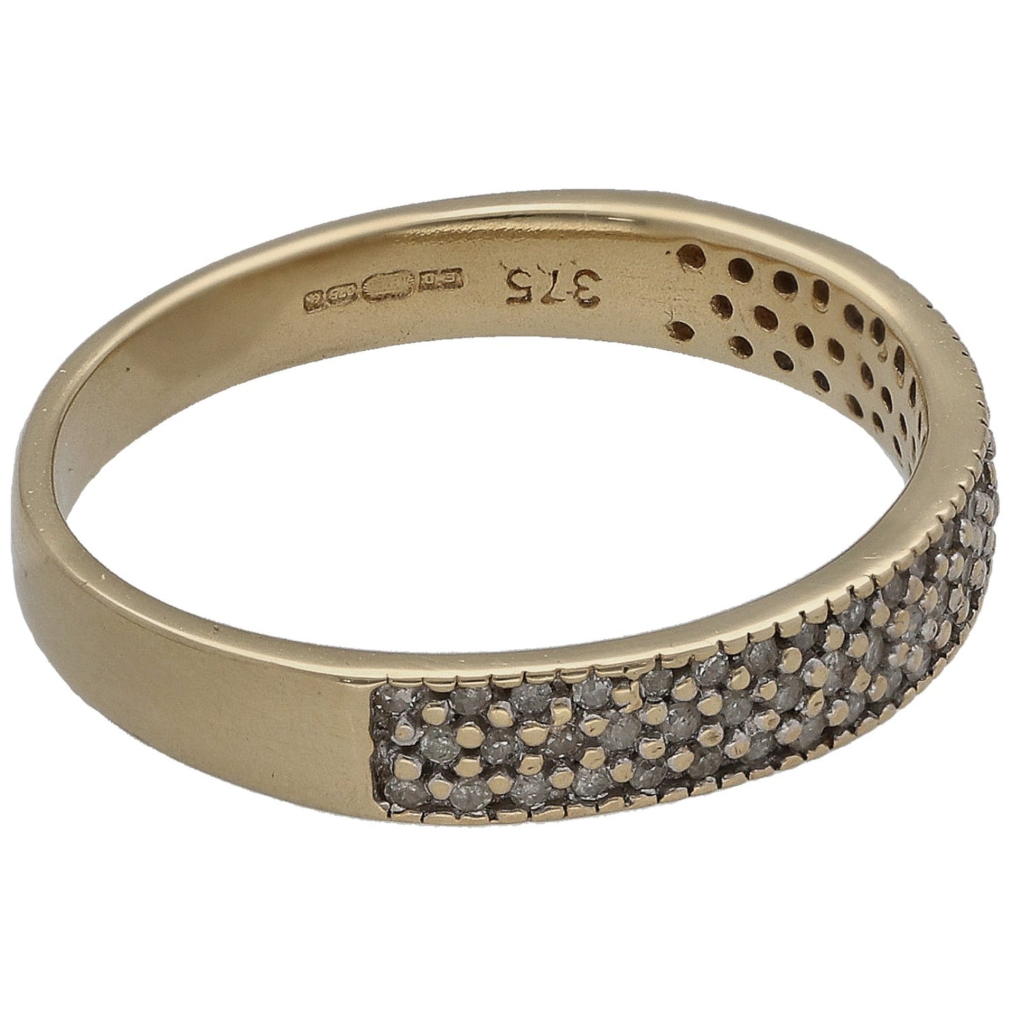 9ct gold ring with round diamond pave side and stamped size marks on inside