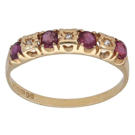 9ct Gold Ruby & 0.03ct Diamond Half Eternity Ring Size S