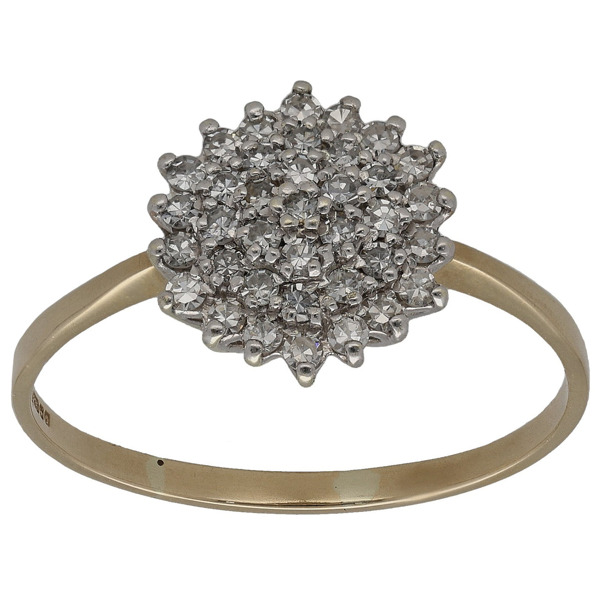 Gold diamond cluster ring with round prong-set center cluster