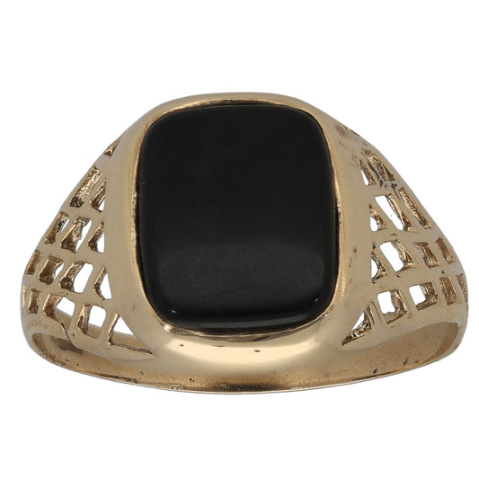 9ct Gold Onyx Patterned Single Stone Signet Ring Size V