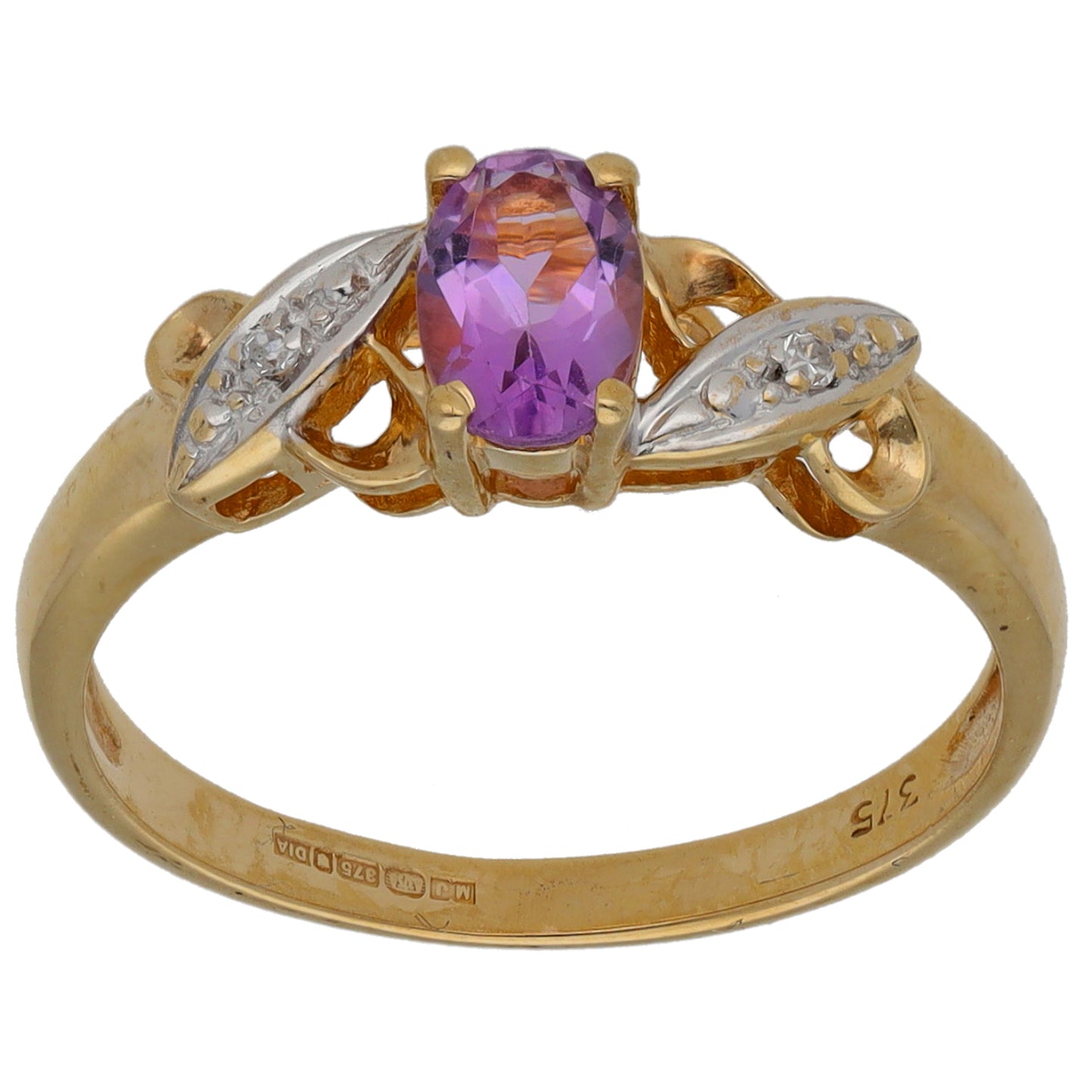 9ct Gold Amethyst & 0.01ct Diamond Single Stone Ring with Accent Stones Size M