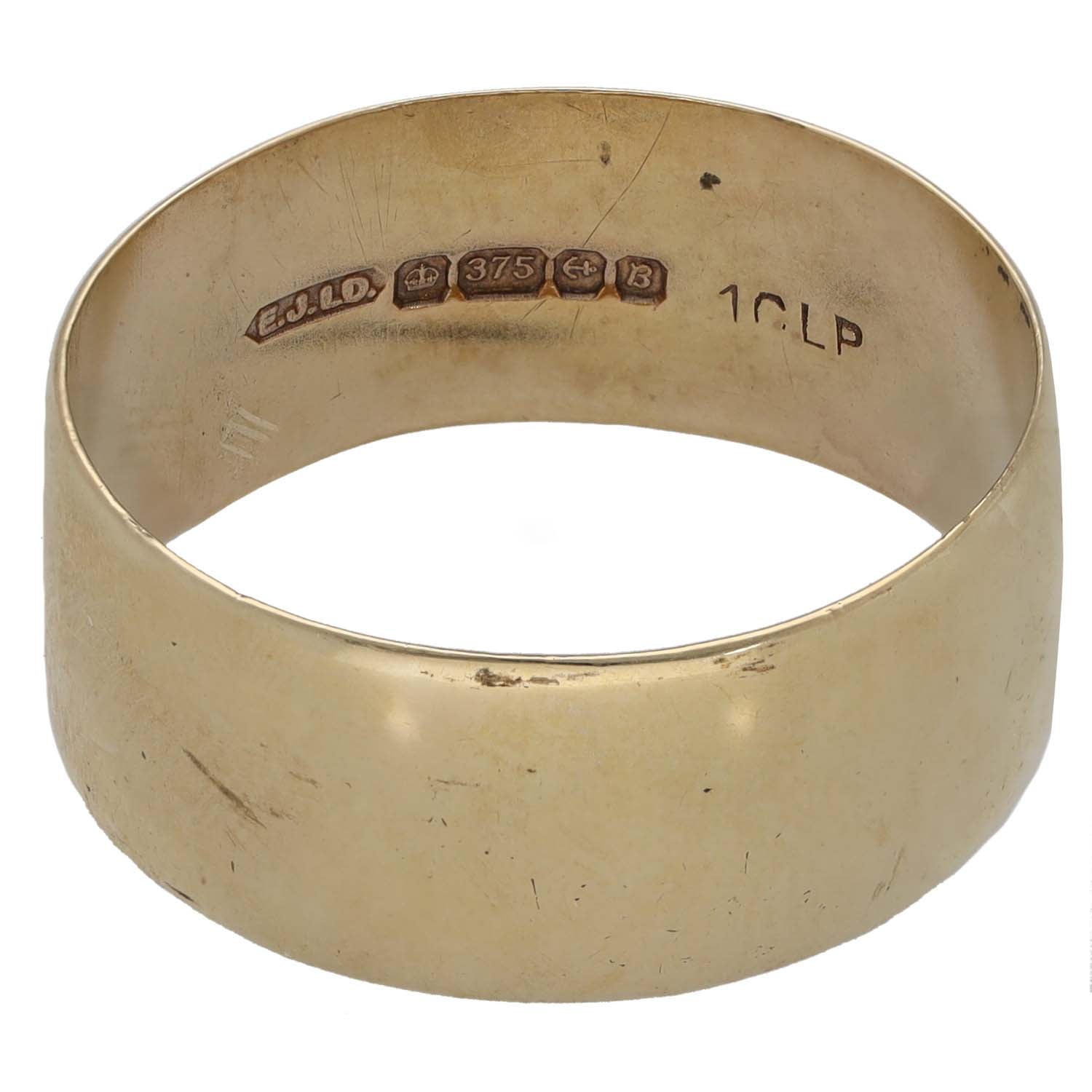 9ct gold plain wedding ring interior, stamped 375 and maker marks