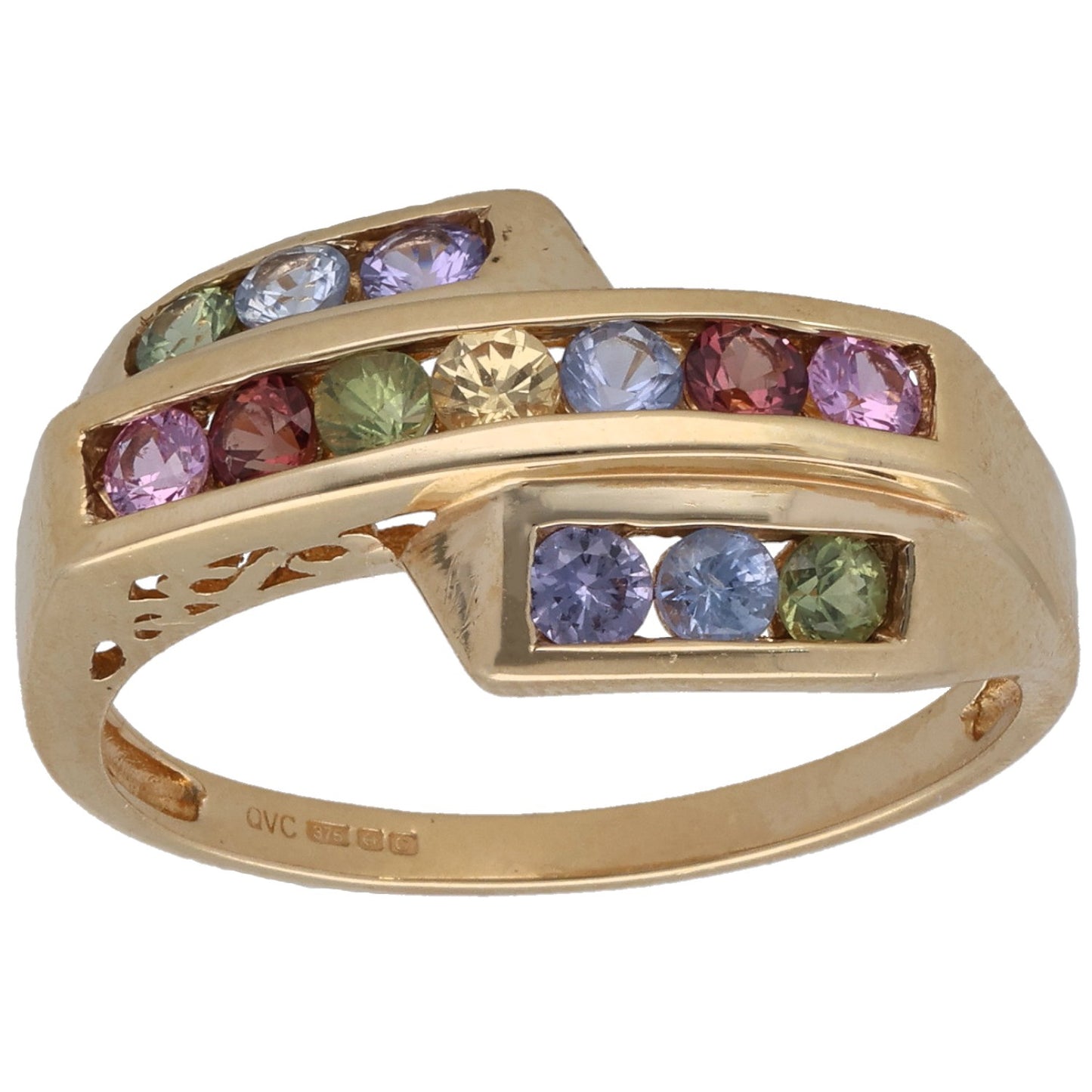 9ct yellow gold multicolor gemstone ring with purple, blue, and green stones
